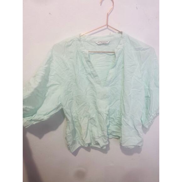 AMANDA UPRICHARD Light Blue Linen Blend Puff Sleeves Peplum Diego Top Size M - Picture 4 of 9